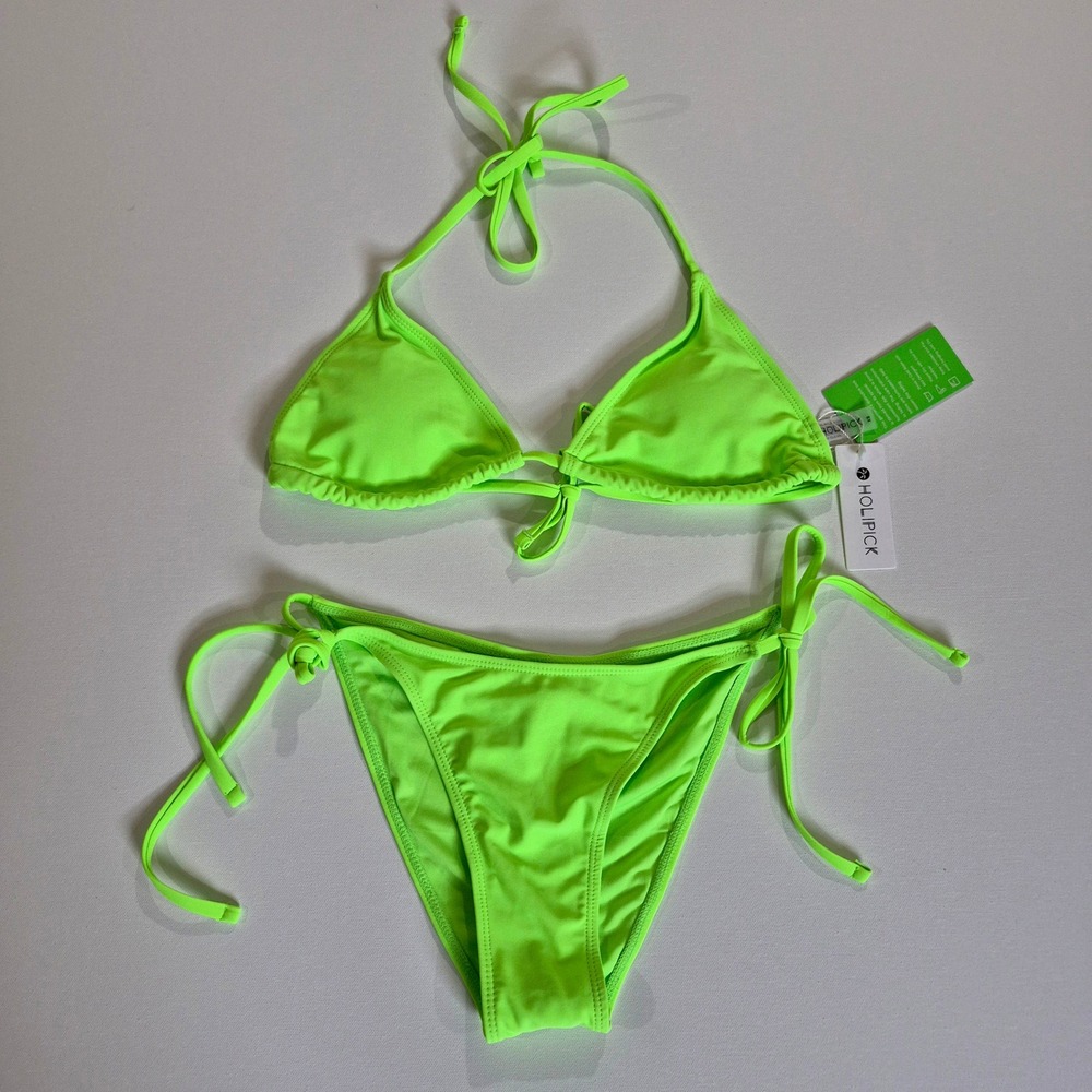 Holipick Womens Neon Lime Green Triangle Side Tie Bikini Swimsuit Set XS NWT